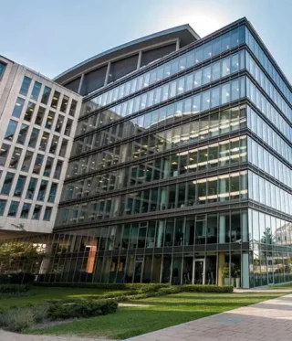 mixed-use commercial building with landscaped courtyard